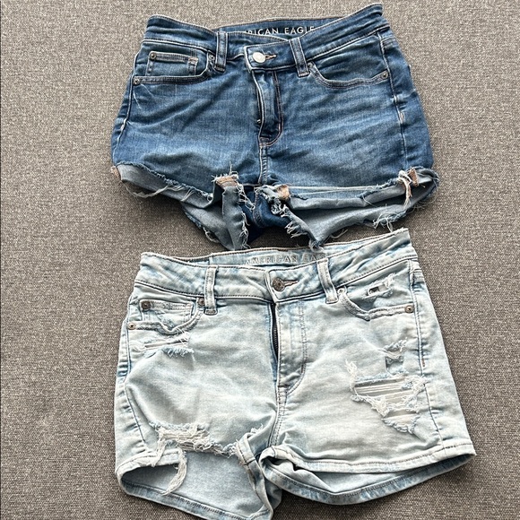 American Eagle Outfitters Pants - American Eagle Outfitters Women's Distressed Denim Shorts - Blue and Light Blue